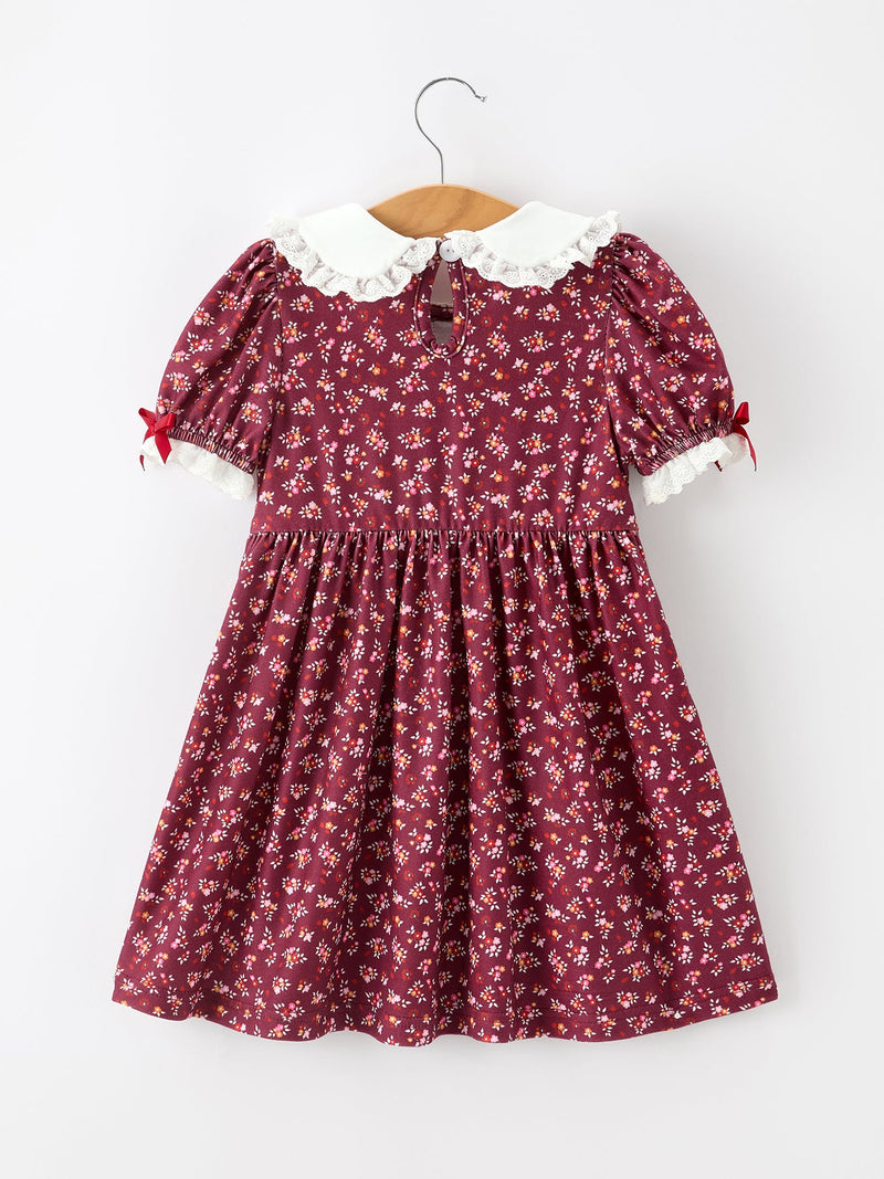 Burgundy Floral Smocked Girls Dress Peter Pan Collar Lace Trim - 2