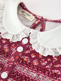 Burgundy Floral Smocked Girls Dress Peter Pan Collar Lace Trim - 3