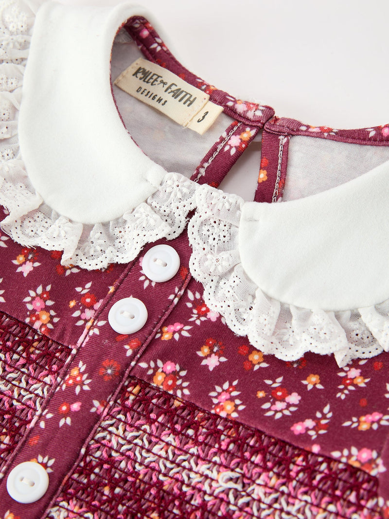 Burgundy Floral Smocked Girls Dress Peter Pan Collar Lace Trim - 3