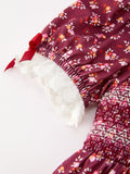 Burgundy Floral Smocked Girls Dress Peter Pan Collar Lace Trim - 4
