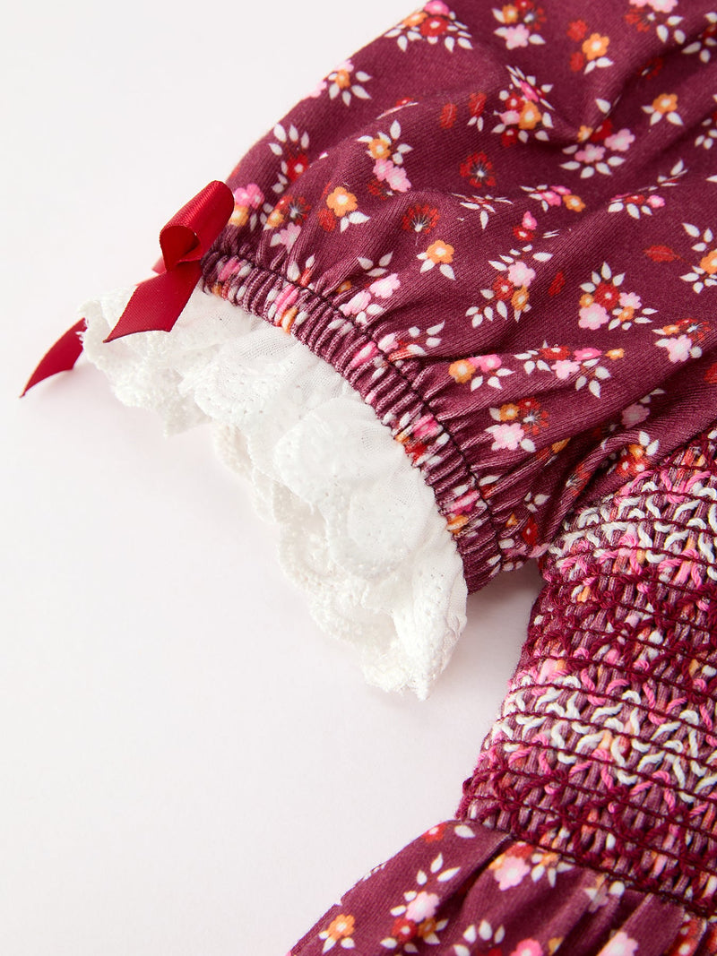 Burgundy Floral Smocked Girls Dress Peter Pan Collar Lace Trim - 4