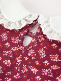 Burgundy Floral Smocked Girls Dress Peter Pan Collar Lace Trim - 5