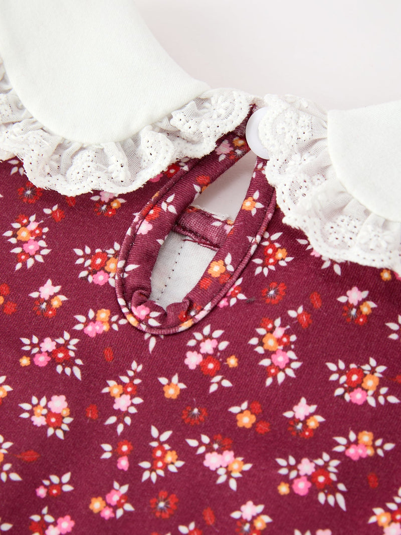 Burgundy Floral Smocked Girls Dress Peter Pan Collar Lace Trim - 5