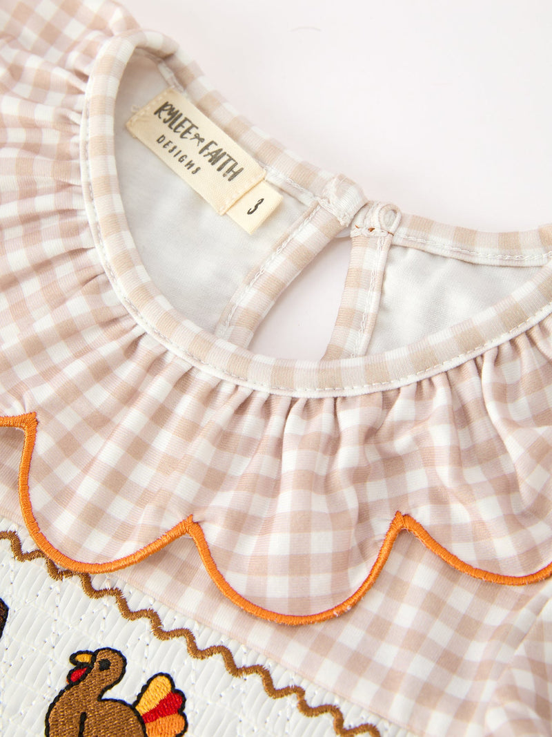 Thanksgiving Smocked Girls Dress Turkey Pumpkin Pie Embroidery - 3