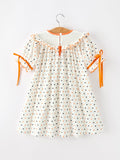 Halloween Pumpkin Smocked Girls Dress Polka Dot Ruffle Sleeve - 2