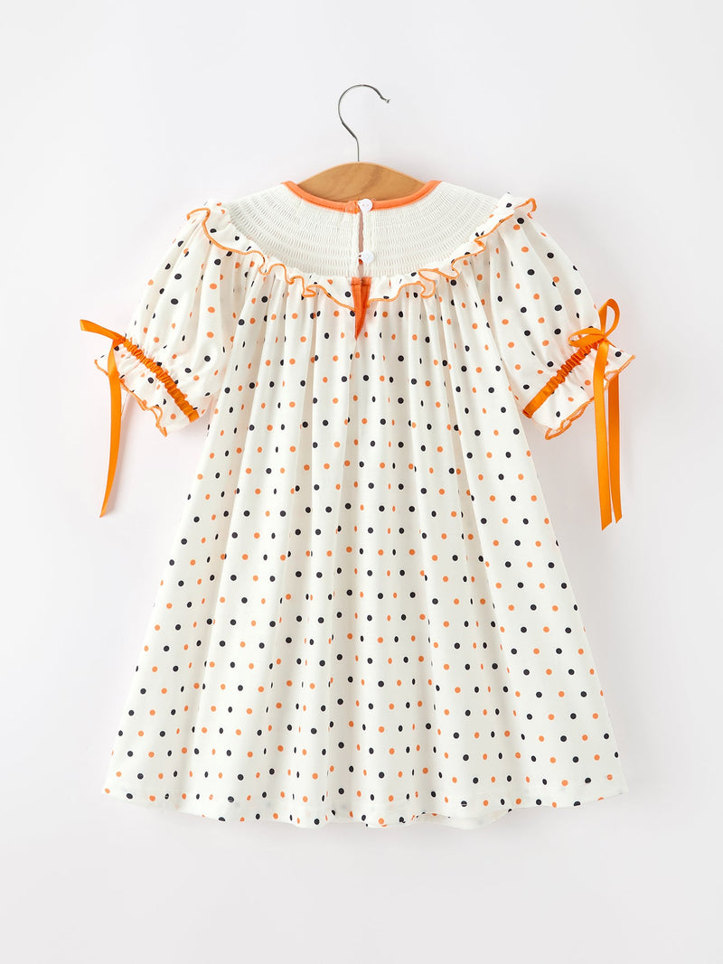 Halloween Pumpkin Smocked Girls Dress Polka Dot Ruffle Sleeve - 2