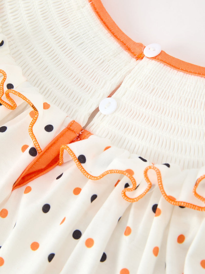 Halloween Pumpkin Smocked Girls Dress Polka Dot Ruffle Sleeve - 5