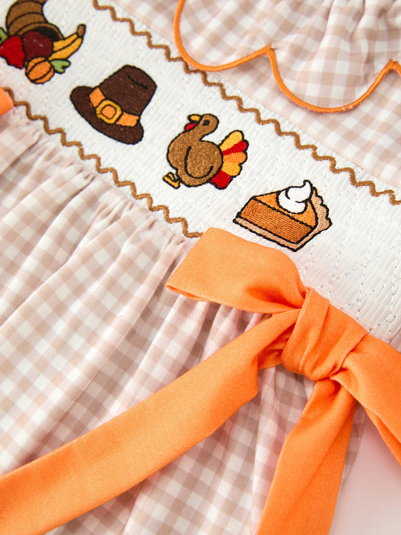 Thanksgiving Smocked Girls Dress Turkey Pumpkin Pie Embroidery - 4