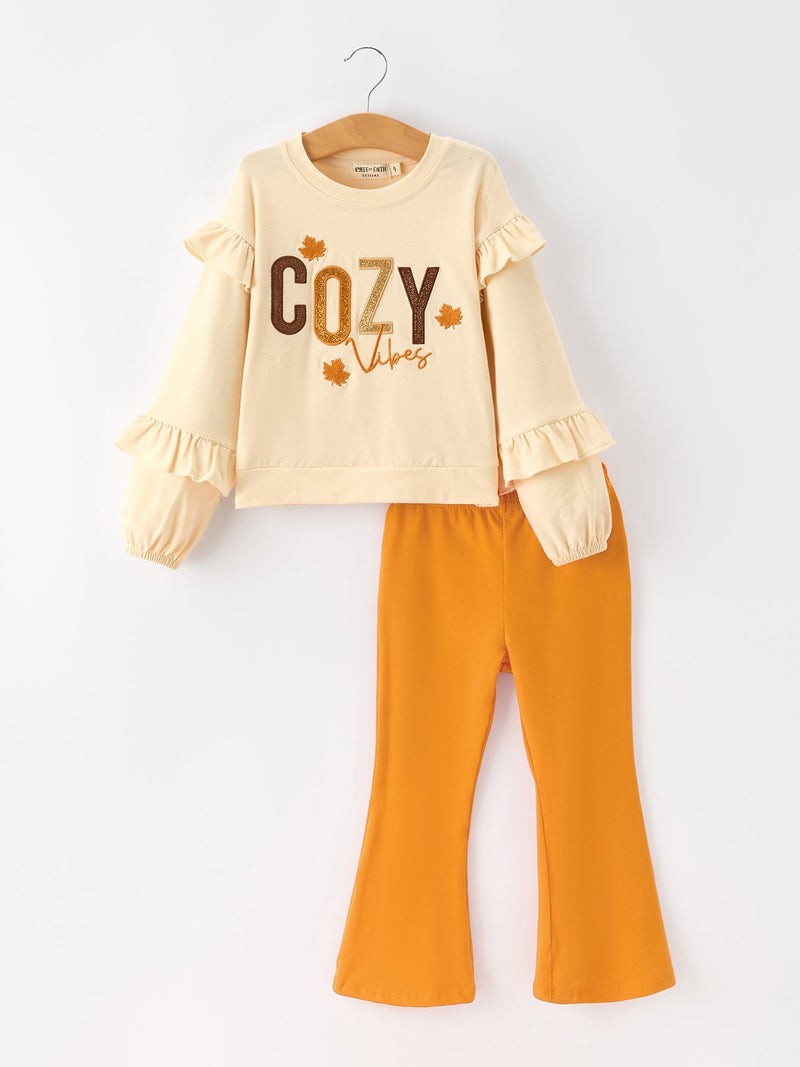 Fall Cozy Girls Ruffle Top Bell Bottom Pants Set - 1