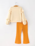 Fall Cozy Girls Ruffle Top Bell Bottom Pants Set - 2