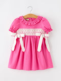 Fall Girl Hot Pink Ruffle Smocked Embroidery Dress - 1