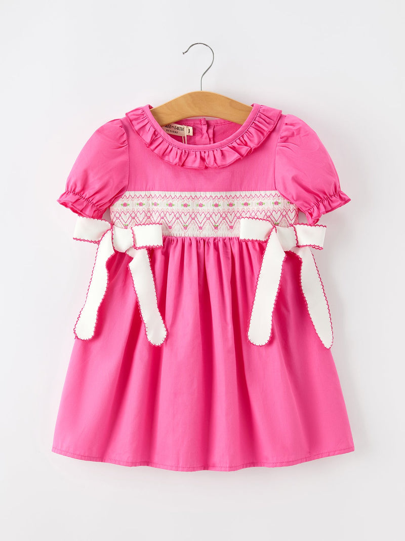 Fall Girl Hot Pink Ruffle Smocked Embroidery Dress - 1