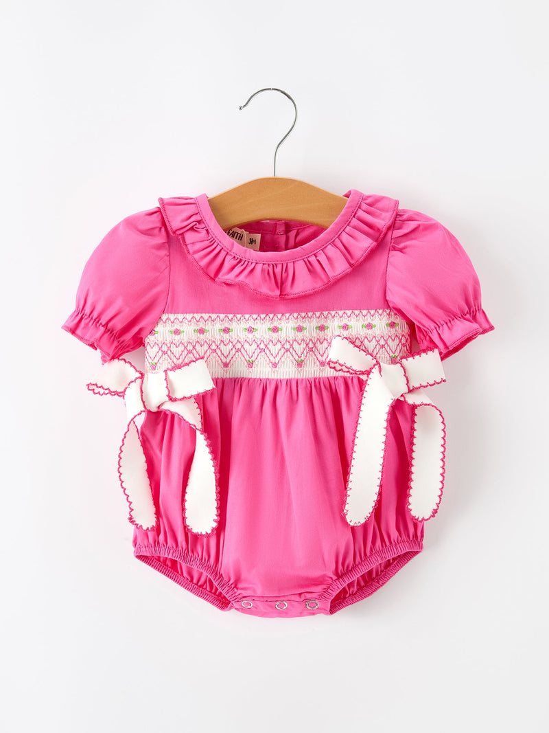 Fall Baby Girl Hot Pink Ruffle Smocked Embroidery Romper - 1