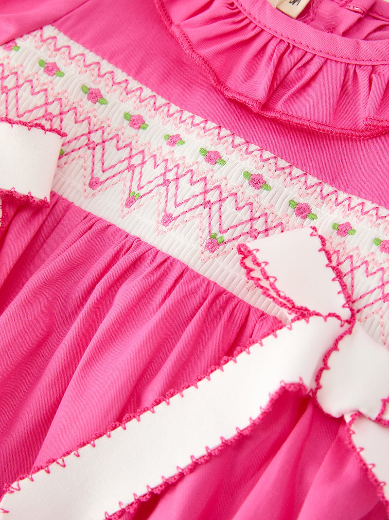 Fall Baby Girl Hot Pink Ruffle Smocked Embroidery Romper - 3