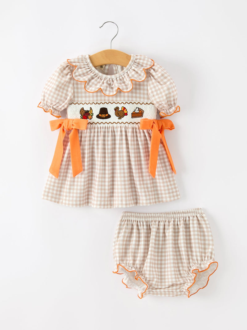 Thanksgiving Smocked Girls Dress Bloomer Set Turkey Embroidery - 1