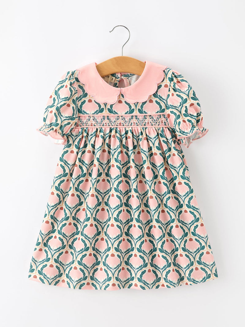 Fall Geometric Floral Girls Dress Petals Collar Smocked - 1