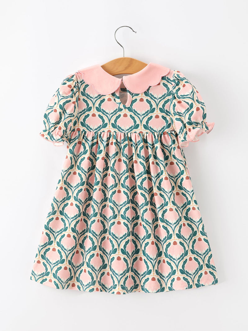 Fall Geometric Floral Girls Dress Petals Collar Smocked - 2