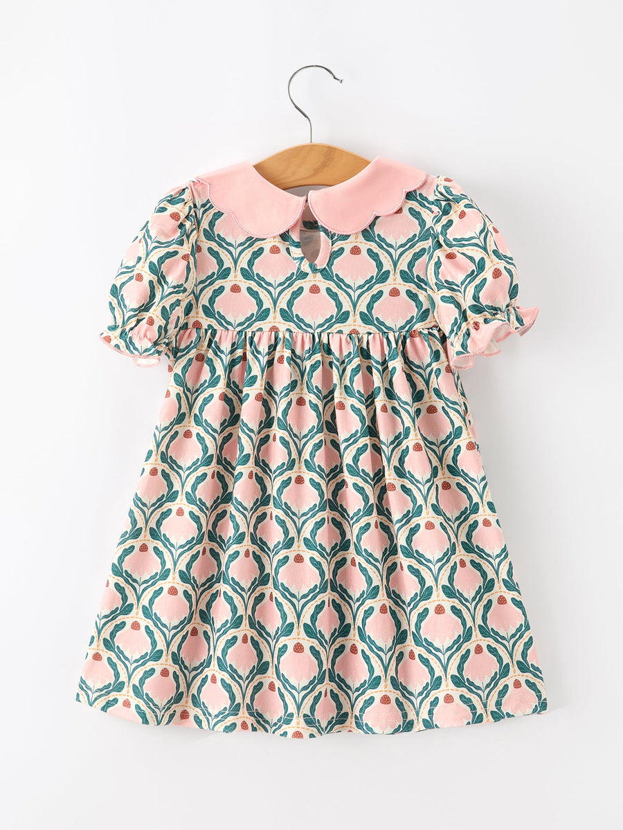 Fall Geometric Floral Girls Dress Petals Collar Smocked