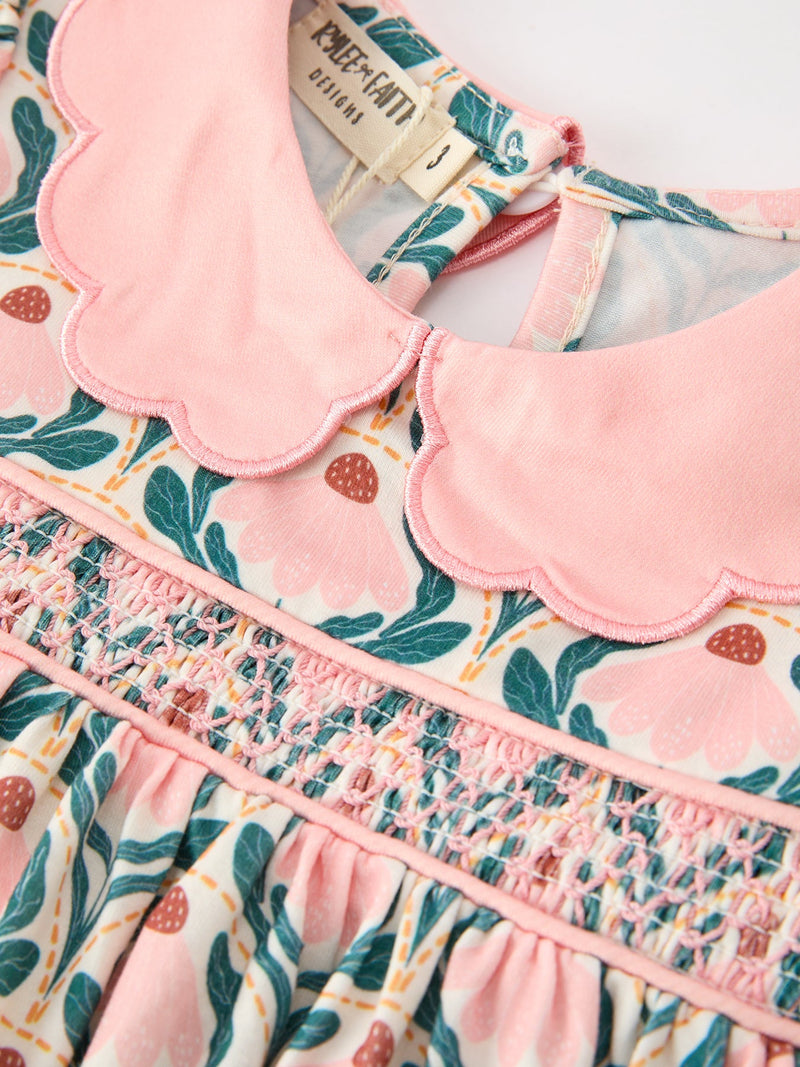 Fall Geometric Floral Girls Dress Petals Collar Smocked - 3