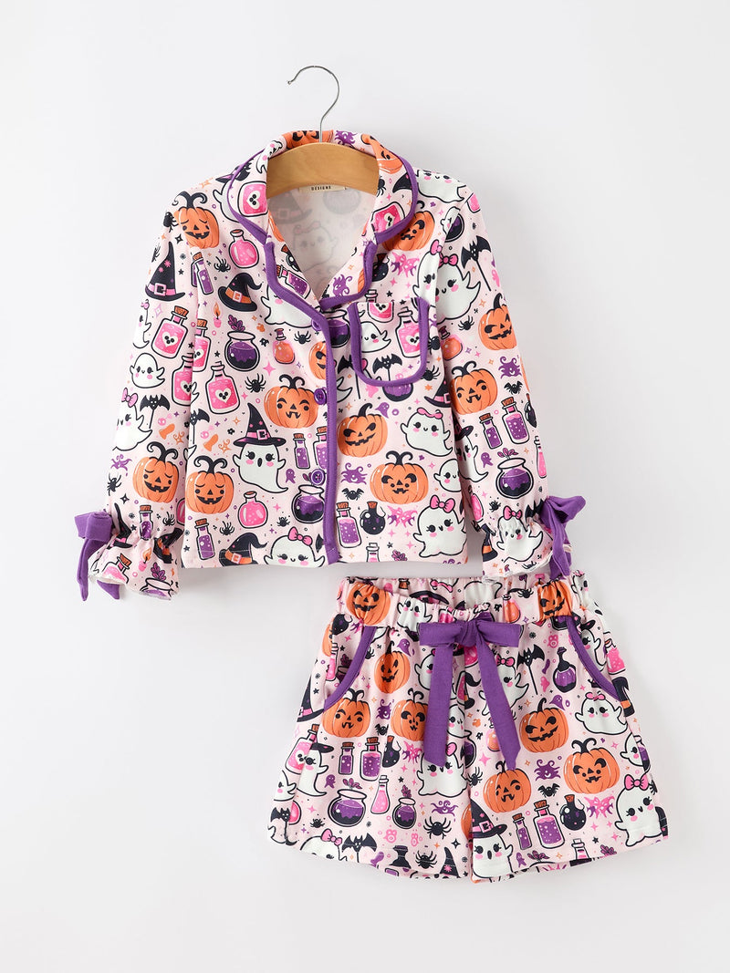 Halloween Pumpkin Ghost Print Girls Pajama Set - 1