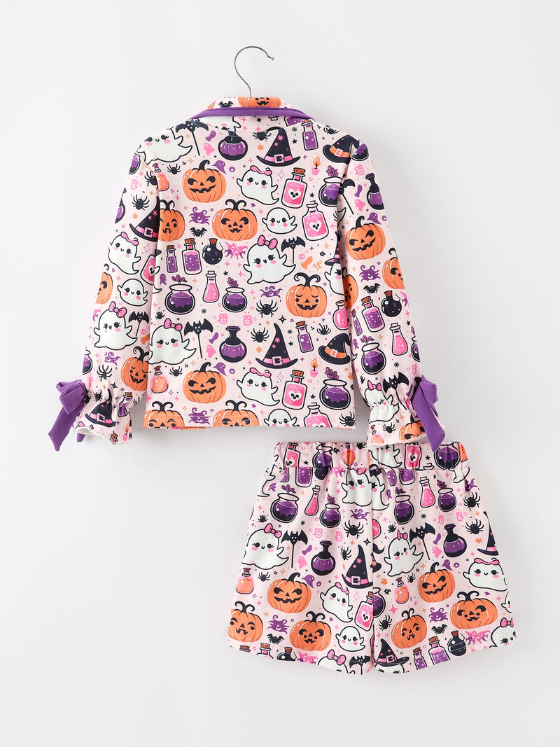 Halloween Pumpkin Ghost Print Girls Pajama Set - 2