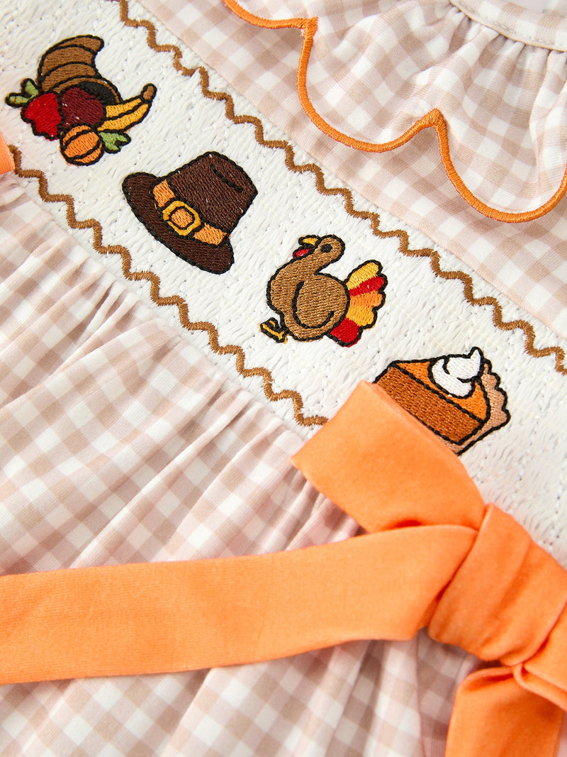 Thanksgiving Smocked Girls Dress Bloomer Set Turkey Embroidery - 3