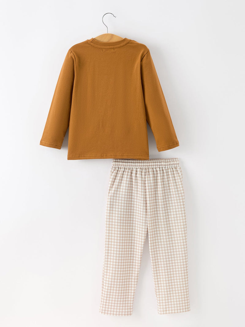 Thanksgiving Boys Embroidered Shirt Gingham Pants Set Fall Outfit - 2