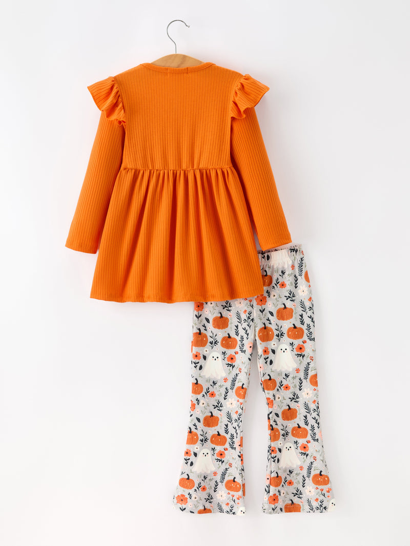 Fall Halloween Pumpkin Ghost Print Girls Long Sleeve Set - 2