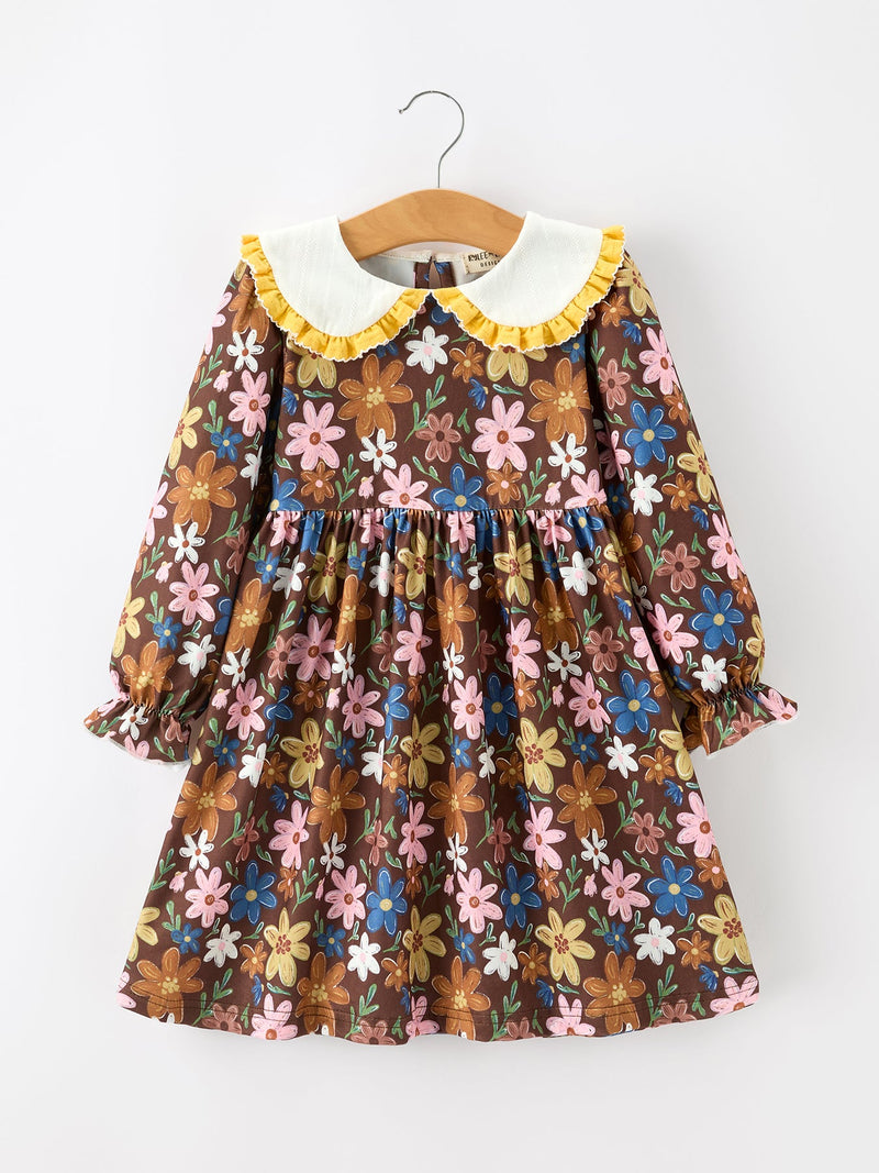 Fall Retro Girls Floral Peter Pan Collar Twirl Dress - 1