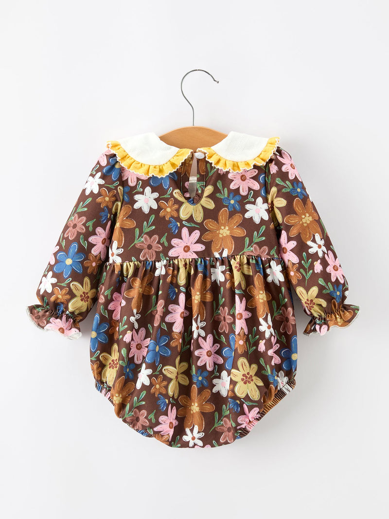 Fall Retro Floral Baby Girls Bubble Romper - 2