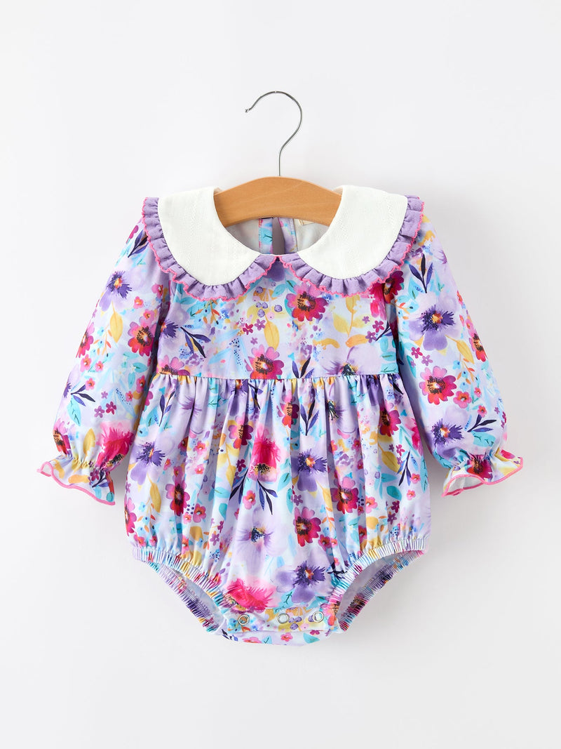 Fall Purple Floral Baby Girls Bubble Romper - 1