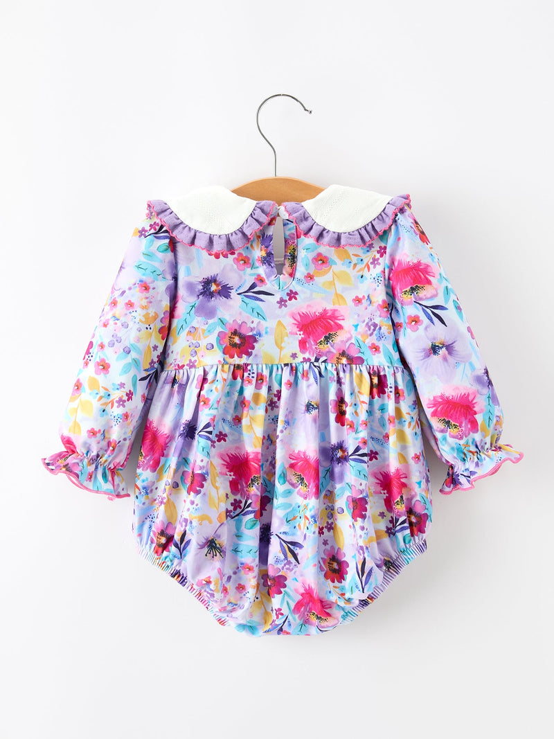 Fall Purple Floral Baby Girls Bubble Romper - 2