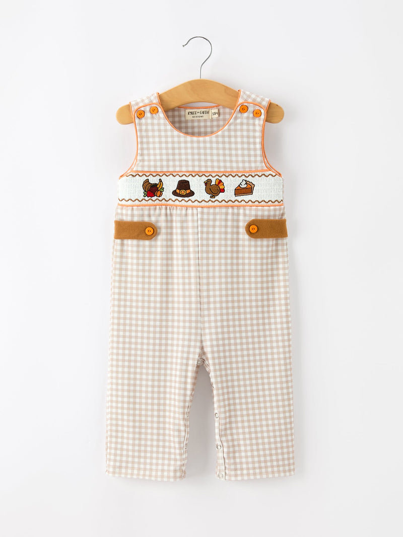 Thanksgiving Boys Gingham Jon Jon Embroidered Romper - 1