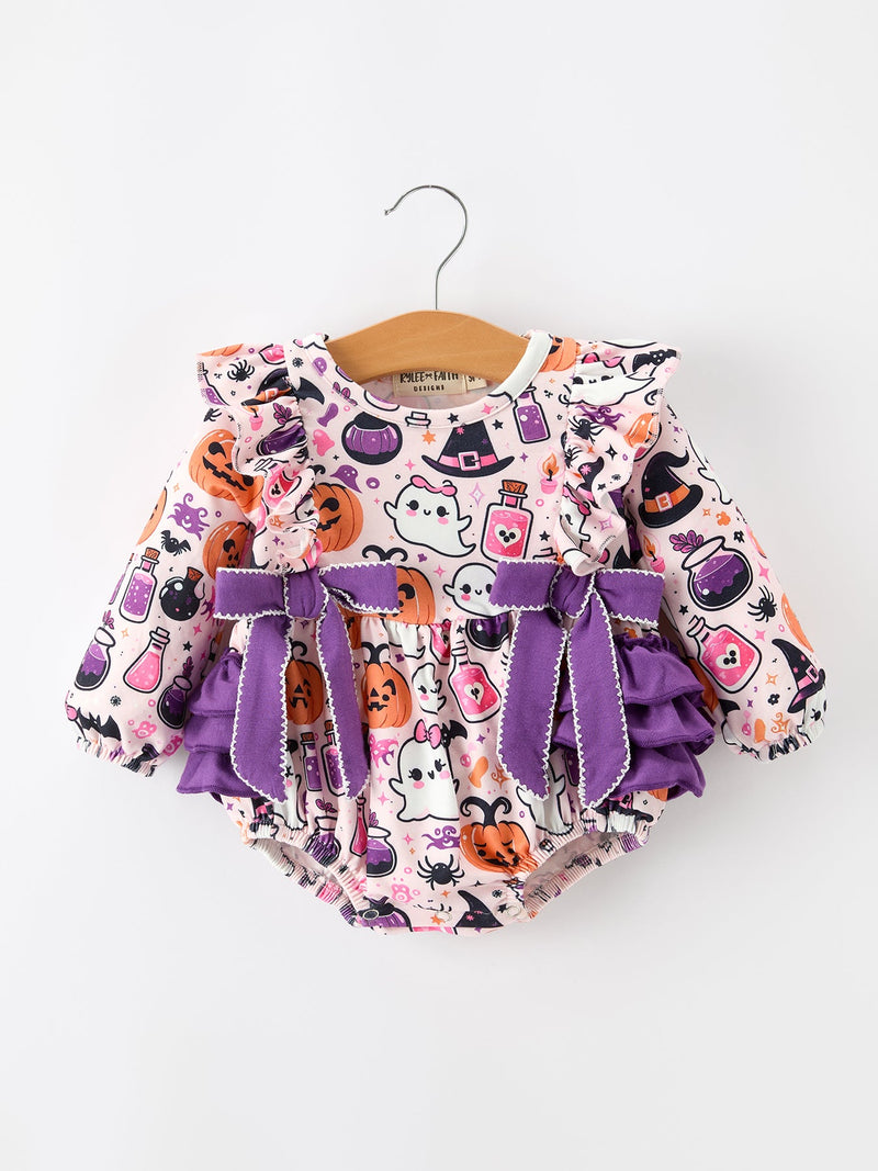 Halloween Pumpkin Ghost Baby Girl Bubble Romper Ruffle Bow Detail - 1