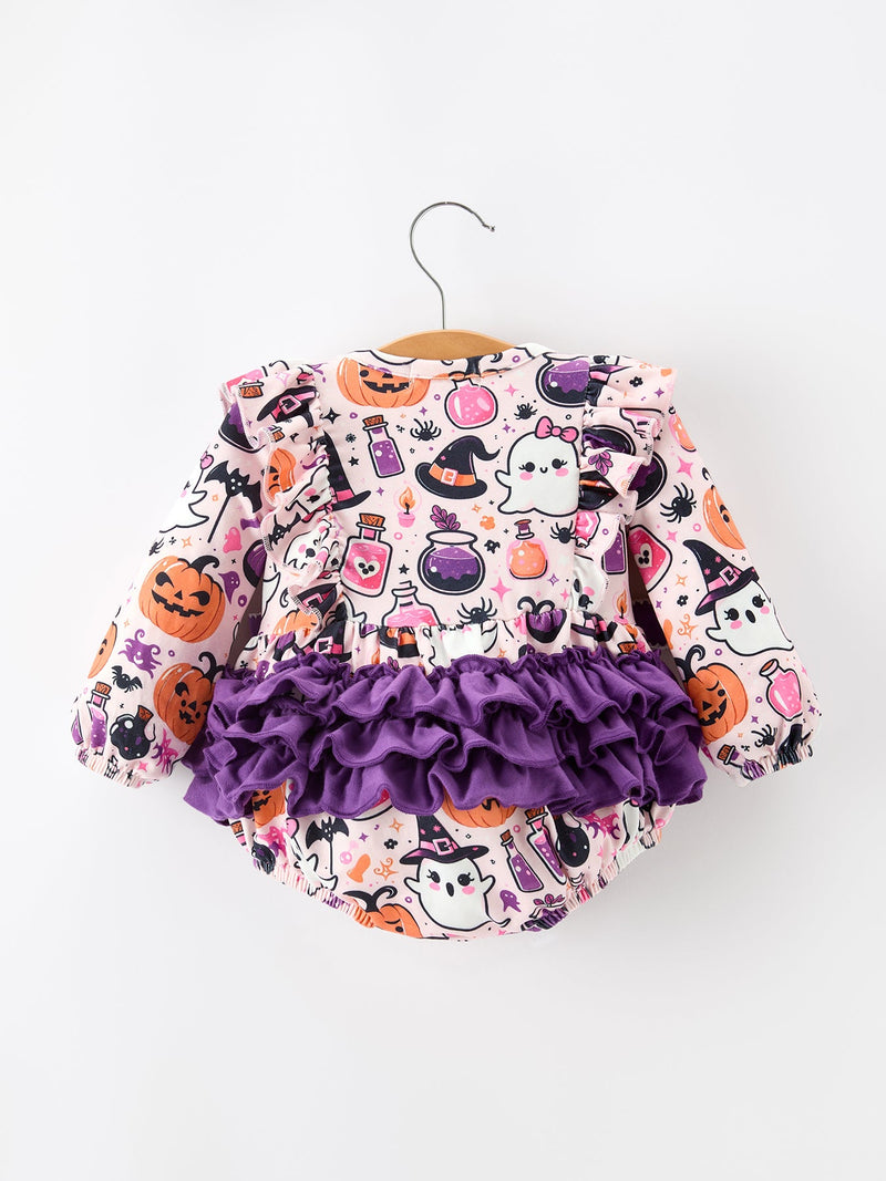 Halloween Pumpkin Ghost Baby Girl Bubble Romper Ruffle Bow Detail - 2