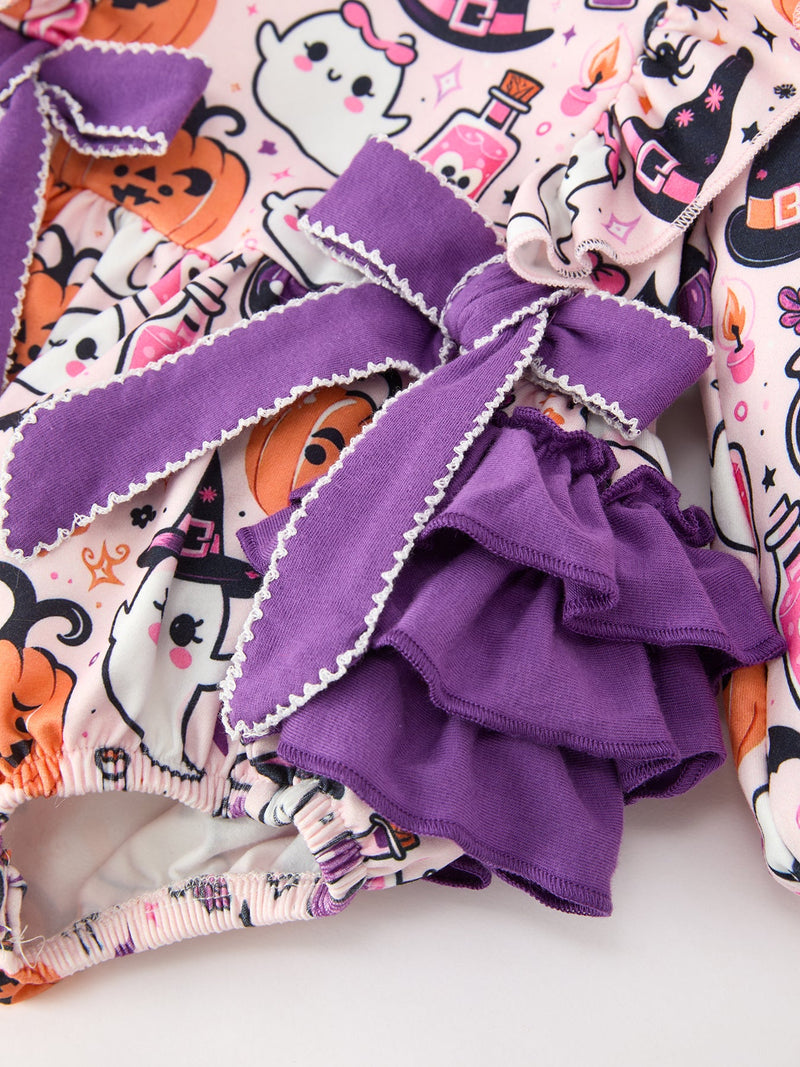 Halloween Pumpkin Ghost Baby Girl Bubble Romper Ruffle Bow Detail - 3