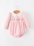 Fall Pink Smocked Baby Girl Bubble Romper Peter Pan Collar Floral Detail - 1