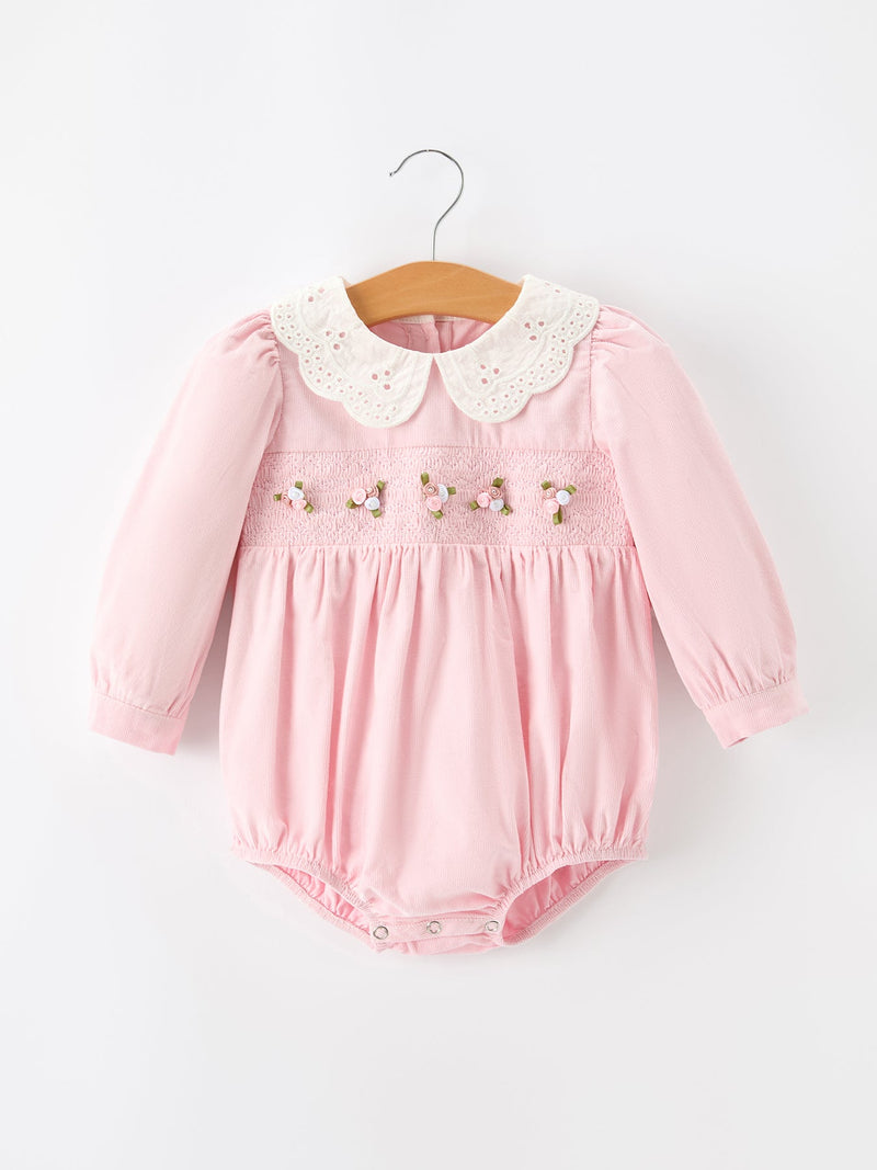 Fall Pink Smocked Baby Girl Bubble Romper Peter Pan Collar Floral Detail - 1