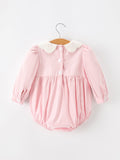 Fall Pink Smocked Baby Girl Bubble Romper Peter Pan Collar Floral Detail - 2