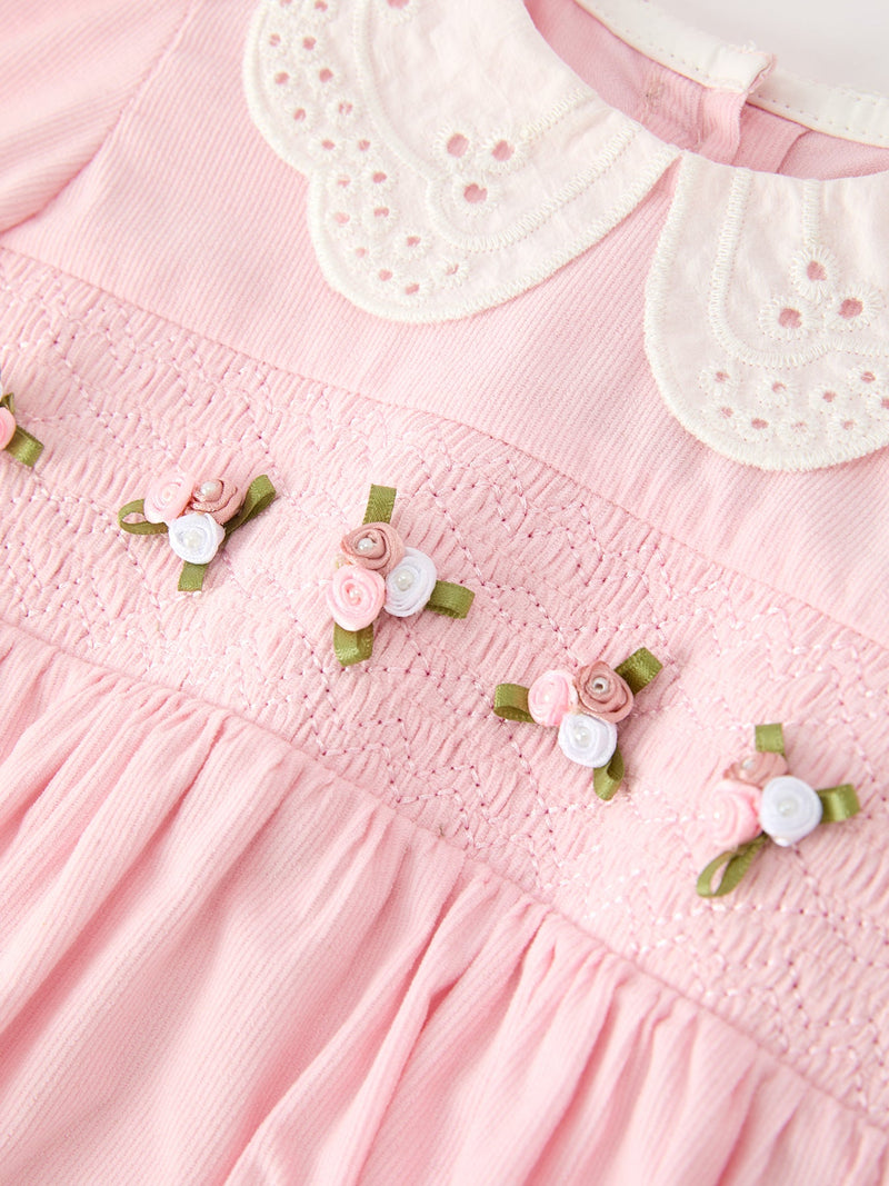 Fall Pink Smocked Baby Girl Bubble Romper Peter Pan Collar Floral Detail - 3