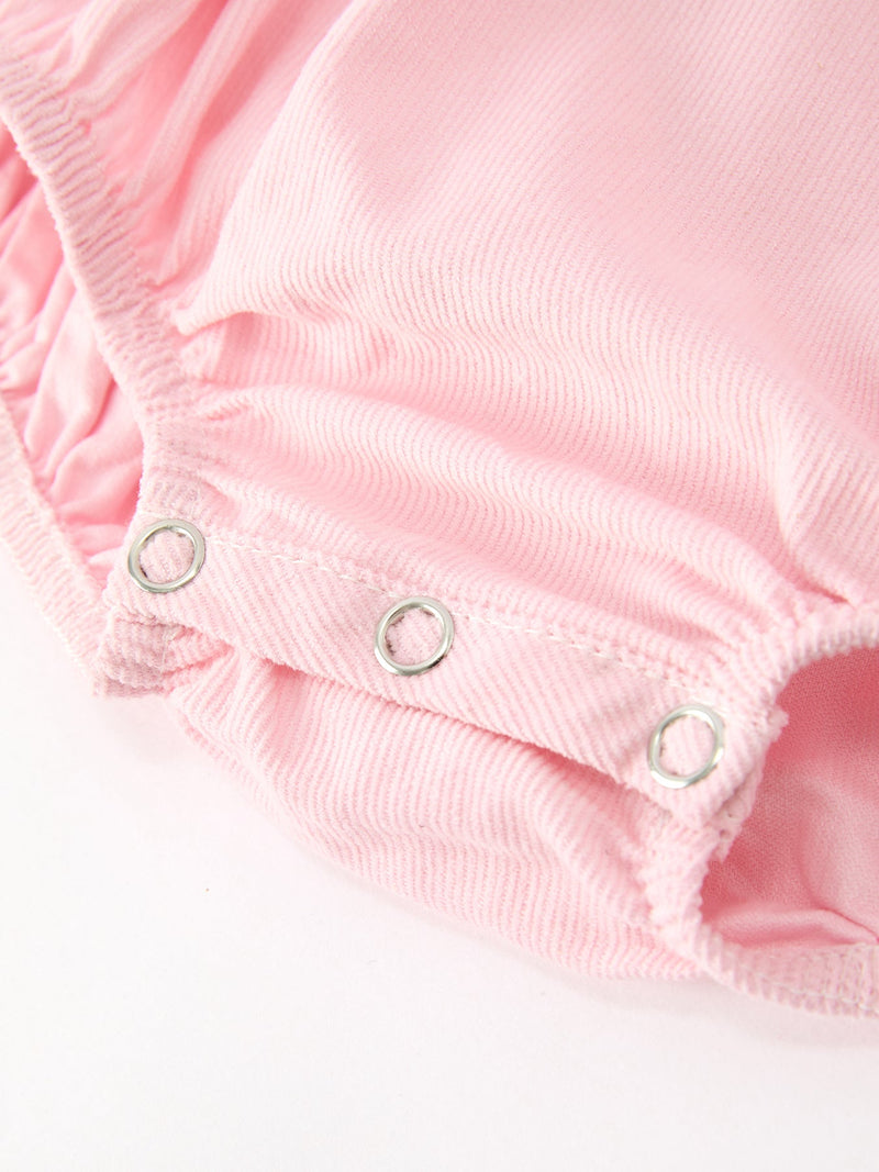 Fall Pink Smocked Baby Girl Bubble Romper Peter Pan Collar Floral Detail - 4