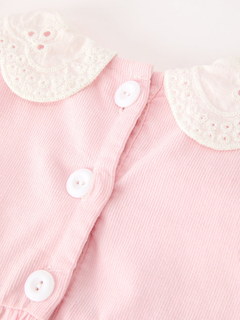 Fall Pink Smocked Baby Girl Bubble Romper Peter Pan Collar Floral Detail - 5