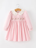 Fall Pink Smocked Girls Dress Peter Pan Collar Long Sleeve Floral Detail - 1