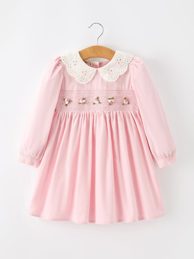 Fall Pink Smocked Girls Dress Peter Pan Collar Long Sleeve Floral Detail - 1