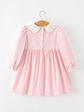 Fall Pink Smocked Girls Dress Peter Pan Collar Long Sleeve Floral Detail - 2