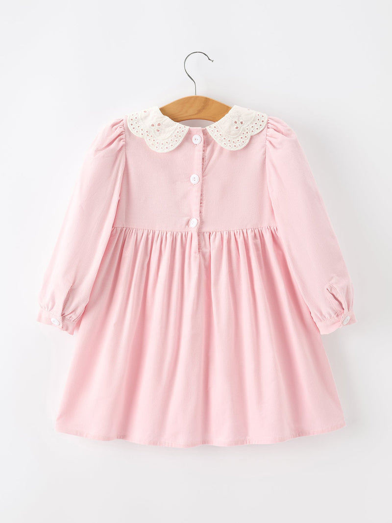 Fall Pink Smocked Girls Dress Peter Pan Collar Long Sleeve Floral Detail - 2