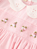 Fall Pink Smocked Girls Dress Peter Pan Collar Long Sleeve Floral Detail - 3
