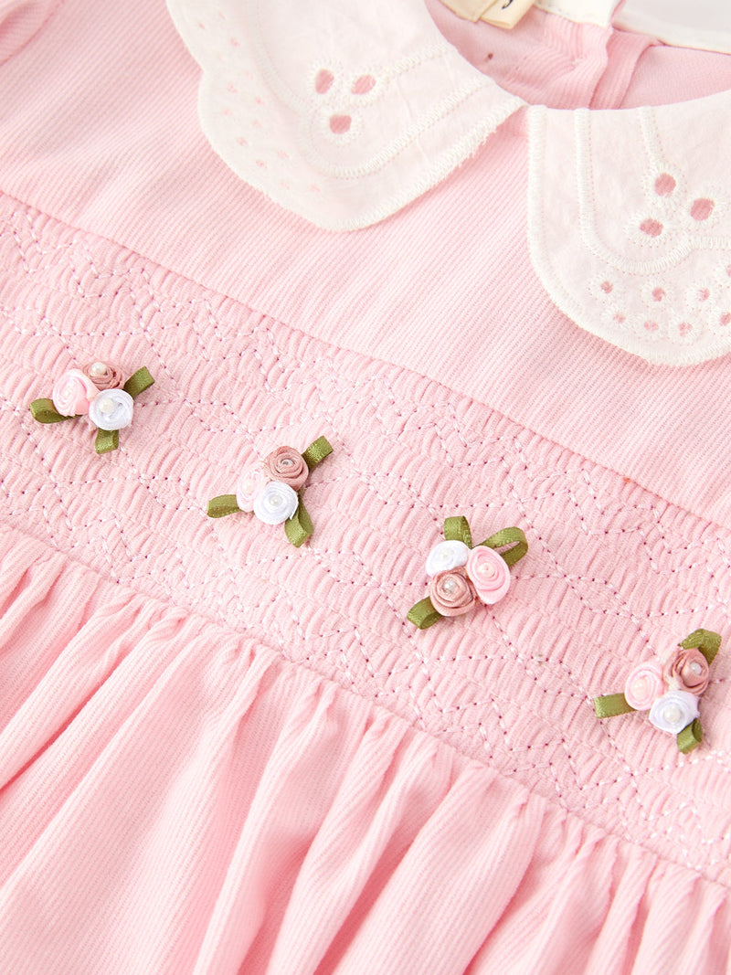 Fall Pink Smocked Girls Dress Peter Pan Collar Long Sleeve Floral Detail - 3