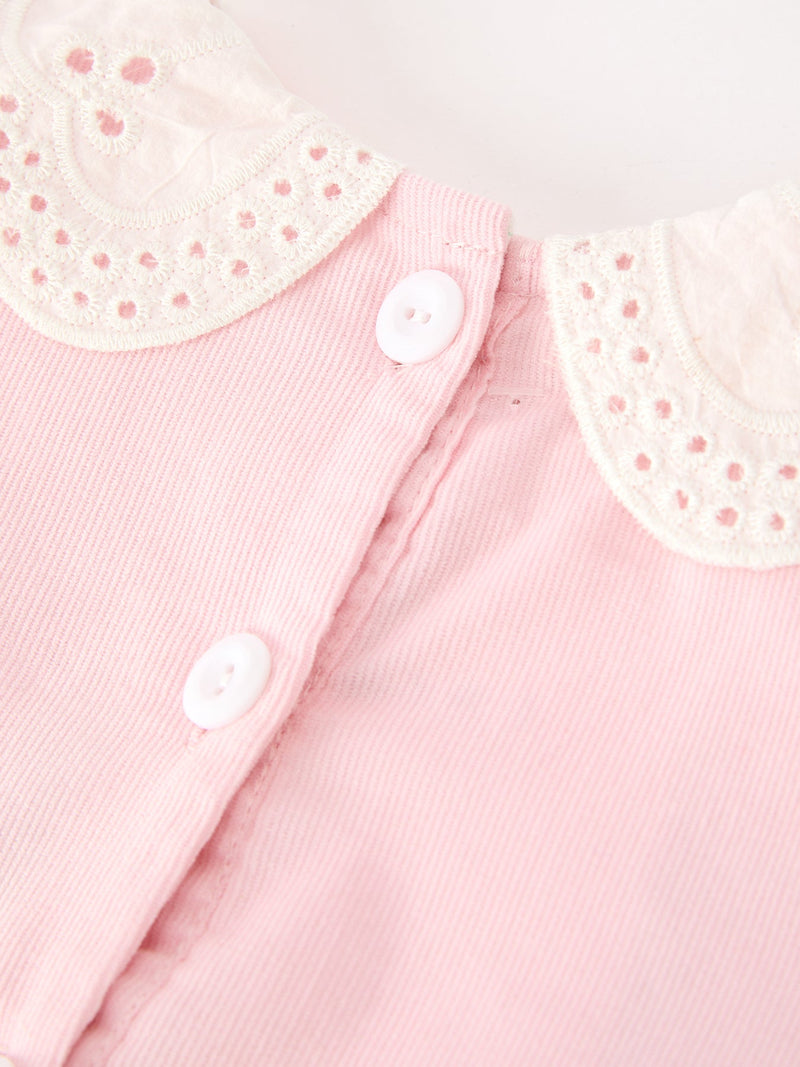Fall Pink Smocked Girls Dress Peter Pan Collar Long Sleeve Floral Detail - 5