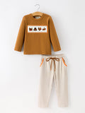 Thanksgiving Boys Embroidered Shirt Gingham Pants Set Fall Outfit - 1